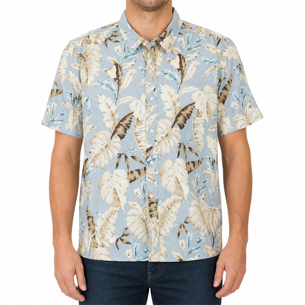 Slate & Stone Shirt Mens Large Blue Leaf Hawaiian Button Up Floral Beach Casual